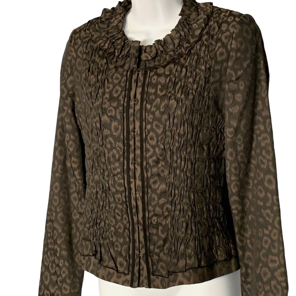 Tahari Leopard Ruffle Ruched Jacket Y2K Stretch Brown Black Hook Eye Close Sz 4